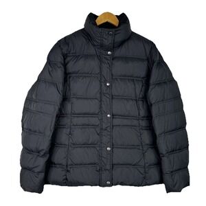 Lands End‎ Down Puffer Jacket Womens Black Winter Coat Zip Snap Front